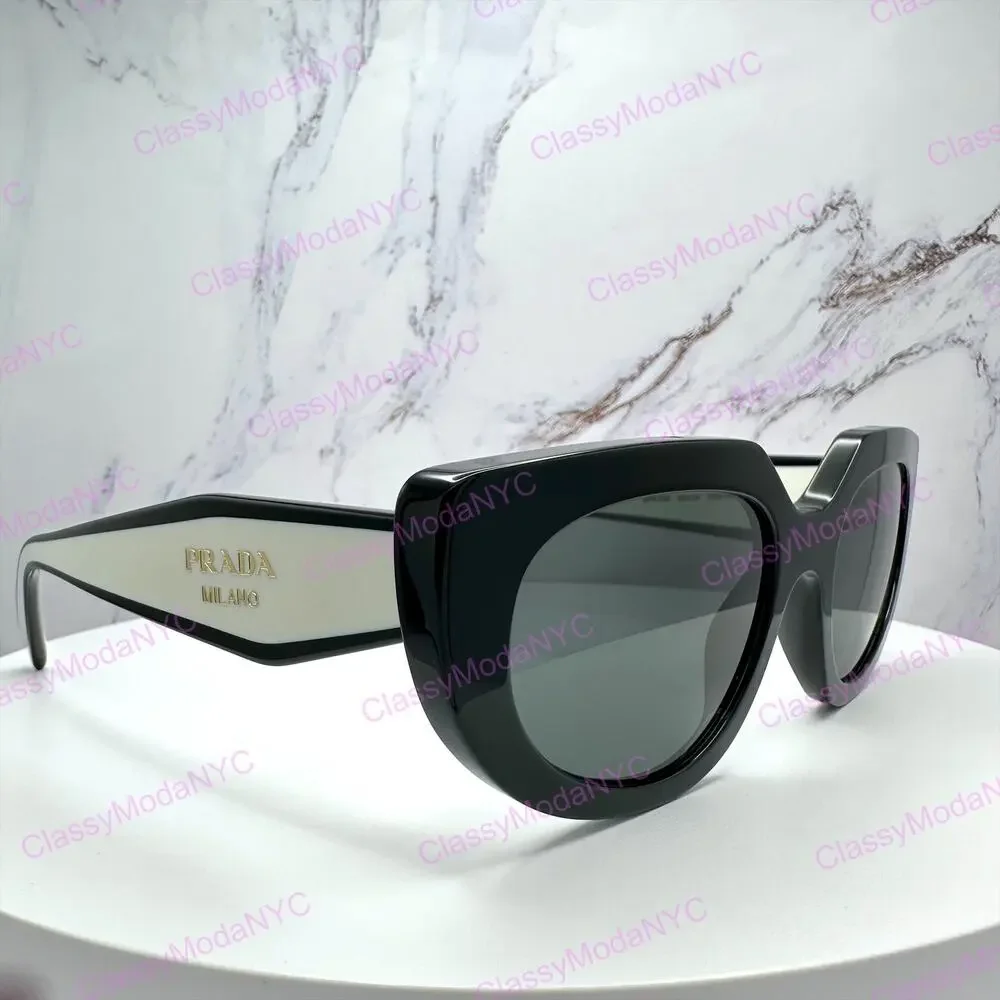 New PRADA Sunglasses Black White Talc Gold Symbole Oval Cat Eye Womens